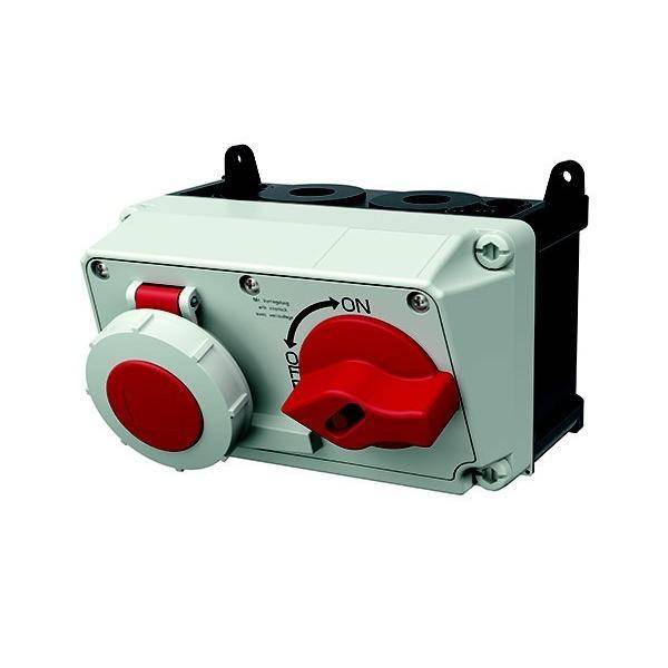 Robuster industrieller Schalter mit rotem Drehknopf, beschriftet mit EIN/AUS, montiert auf einem grauen rechteckigen Panel mit zwei Kabellöchern oben.