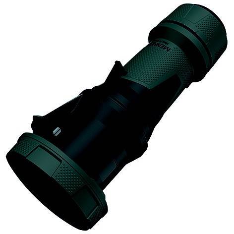 Schwarze taktische Taschenlampe mit strukturiertem Griff und breiter Basis, auf neutralem weißem Hintergrund dargestellt.