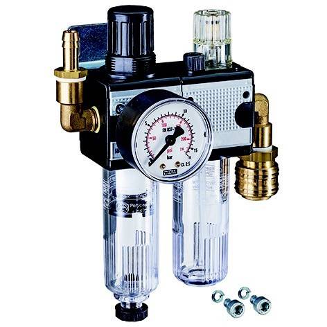 Druckregler mit Manometer, Bedienungsknöpfe und zwei durchsichtige Filterbehälter; kleine Metallanschlüsse unten dargestellt.