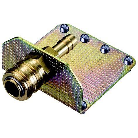 Messingschlauchverbinder auf einer perforierten Metallhalterung mit mehreren Schrauben, gezeigt vor weißem Hintergrund.