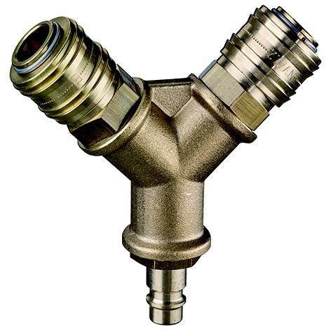 Messing-Y-förmiger Schlauchverbinder mit zwei Gewinde-Buchsen und einem Stecker auf weißem Hintergrund.