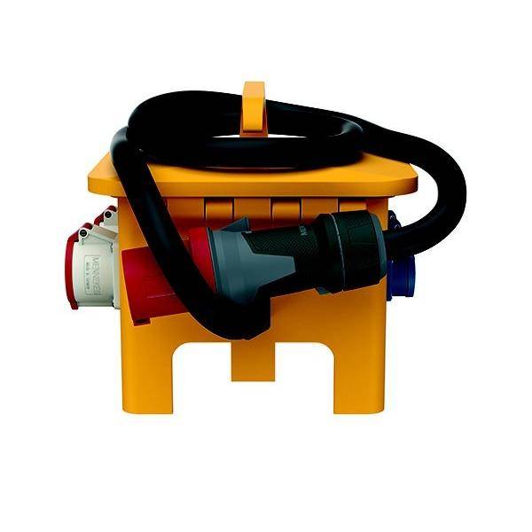 Ein gelbes tragbares Stromverteilungsgerät mit mehreren Steckdosen, bedeckt von schwarzen Kabeln, geeignet für Bau- oder industrielle Anwendungen.