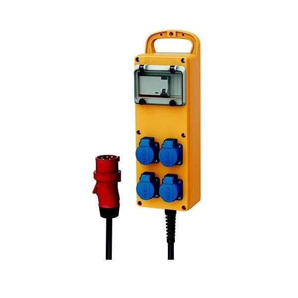 Tragbare Stromverteilungseinheit mit vier blauen Steckdosen und einem roten Stecker, gelbes Gehäuse mit Tragegriff.