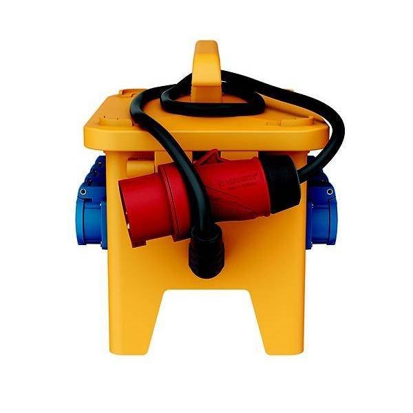 Eine gelbe mobile industrielle Stromverteilerdose mit mehreren blauen und roten Steckerverbindungen, die für die robuste elektrische Verteilung verwendet wird.