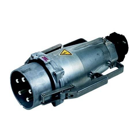 Industrieller zylindrischer Elektromotor oder Generator mit Metallgehäuse, Rahmengriff und freiliegendem Steckeranschluss auf weißem Hintergrund.