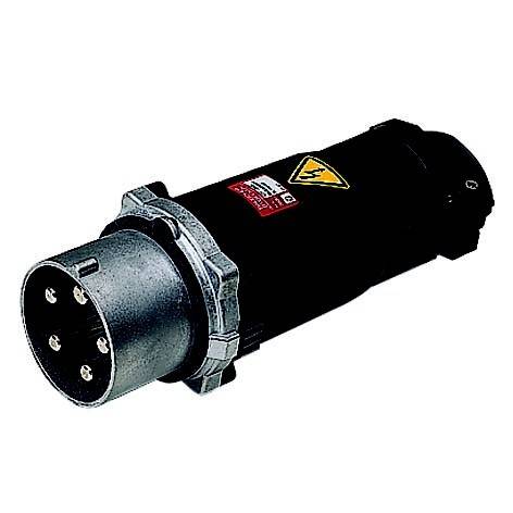 Industrieller Elektrostecker mit Metallfront und schwarzem zylindrischem Gehäuse, dargestellt auf weißem Hintergrund.
