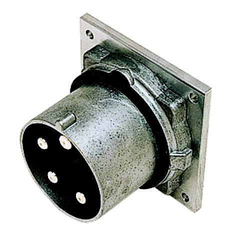 Metall-Elektrostecker zur Panelmontage mit kreisförmigem Gehäuse, vier Stiftkontakten und quadratischem Befestigungsflansch auf weißem Hintergrund
