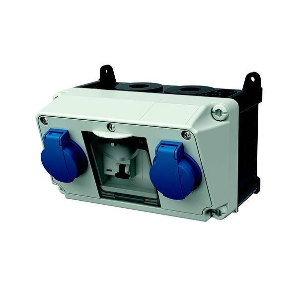Eine Elektroinstallationsdose mit zwei blauen Steckdosen und einer zentralen Komponente, die für industrielle Stromverbindungen verwendet wird.