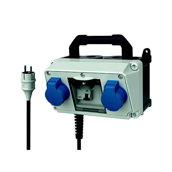 Tragbare Elektrosteckdosenbox mit Griff, zwei blau abgedeckten Steckdosen und angeschlossenem Stromkabel.