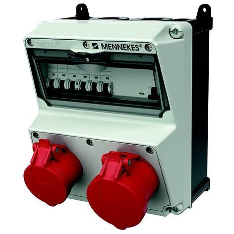 Wandmontierte MENNEKES Stromverteilungsbox mit Leitungsschutzschaltern und zwei roten Steckdosen.