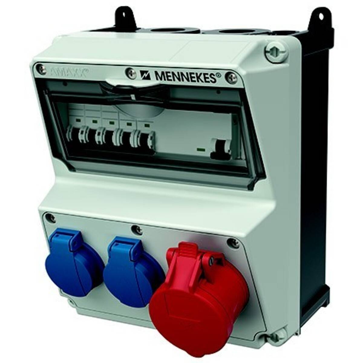 Wandmontierte MENNEKES Elektroverteilerdose mit transparenten Leitungsschutzschaltern und drei abgedeckten Steckdosen: zwei blaue und eine rote.