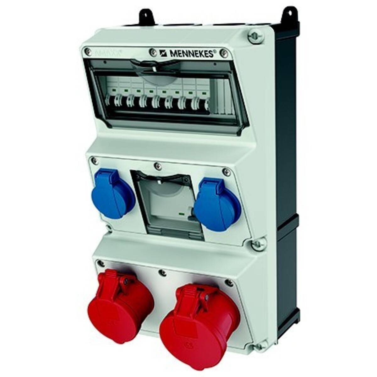 Industrielle elektrische Verteilerdose mit durchsichtiger Abdeckung, vier blauen und roten Steckdosen sowie sichtbarer MENNEKES-Branding.