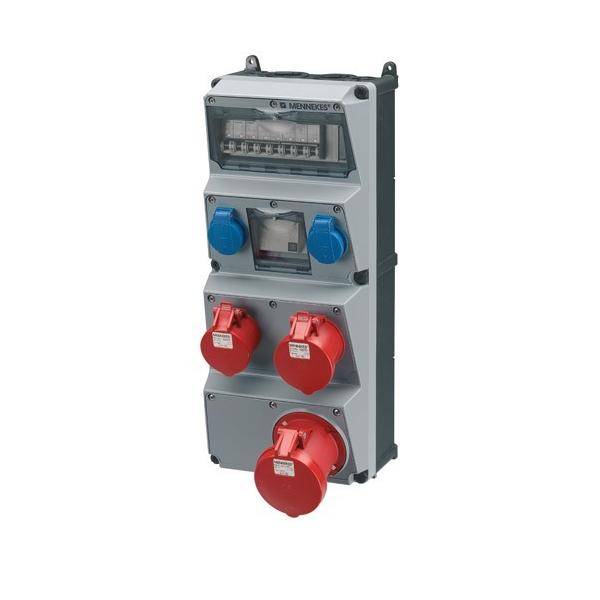 Eine industrielle elektrische Verteilerdose mit Schaltern und Anschlüssen in Blau und Rot für verschiedene Stromverbindungen.