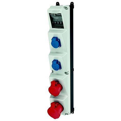 Stromverteilungskasten für industrielle Elektroinstallationen mit vier Steckdosen, zwei blau und zwei rot, vertikal an einem weißen Gehäuse montiert.