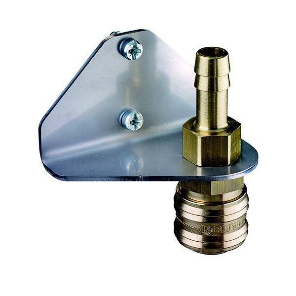 Eine Messingrohrverschraubung mit sechseckiger Mutter und zylindrischem Ende, montiert auf einem dreieckigen Metallhalter mit zwei Schrauben.