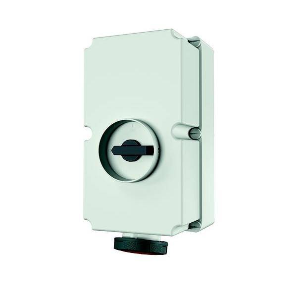 Ein rechteckiges elektrisches Gehäuse mit einem zentralen schwarzen Drehschalter und einem sicheren, wetterfesten Design, das häufig für Außeninstallationen verwendet wird.