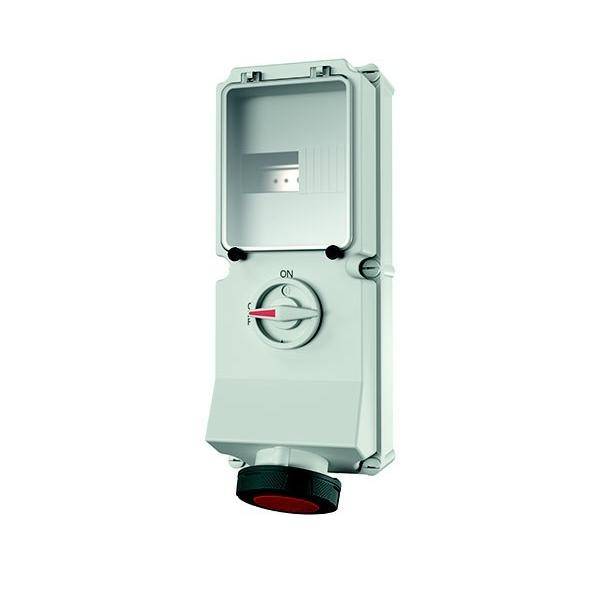 Weißer elektrischer Schaltkasten mit einer EIN-Position, die durch einen roten Indikator gekennzeichnet ist und einen transparenten Deckel aufweist.