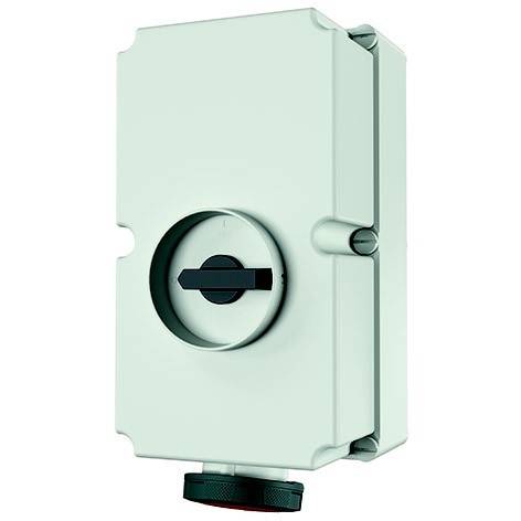Weiße elektrische Schaltanlage mit einem zentralen Rundschloss und einer unteren Kabelverschraubung, dargestellt vor neutralem Hintergrund.