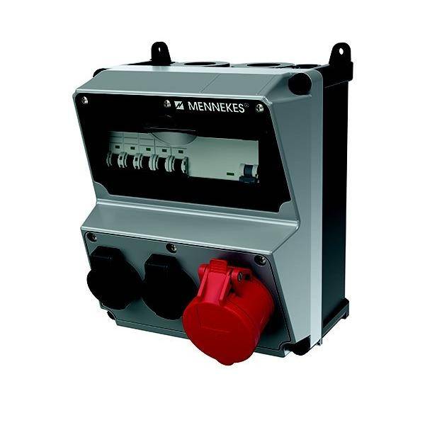 Eine industrielle elektrische Verteilerdose mit Sicherungsautomaten und mehreren Steckdosen, die zur Stromverteilung in gewerblichen Umgebungen verwendet wird.
