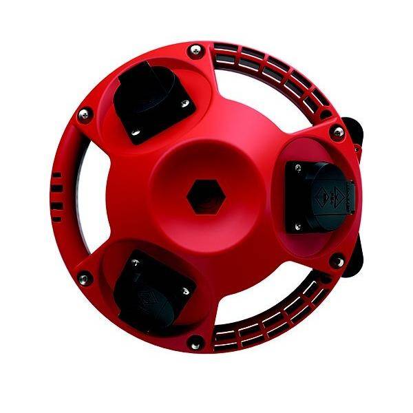 Rotes kreisförmiges mechanisches Gerät mit drei schwarzen Anschlussanschlüssen und einer zentralen sechseckigen Öffnung, dargestellt auf weißem Hintergrund.