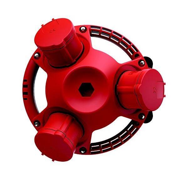 Ein roter, zylindrischer Apparat mit vier kreisförmigen Abdeckungen und gitterartigen Strukturen, von oben betrachtet, typischerweise für mechanische oder industrielle Zwecke verwendet.