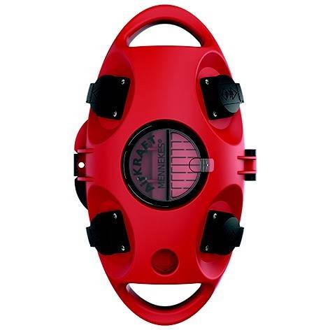 Rote Atemschutzmaske oder Atemschutzgerät mit zentralem Filter und mehreren schwarzen Riemen auf weißem Hintergrund.