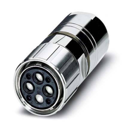 Ein metallischer zylindrischer Anschluss mit mehreren kreisförmigen Ports, der typischerweise für elektrische oder Datenverbindungen verwendet wird.