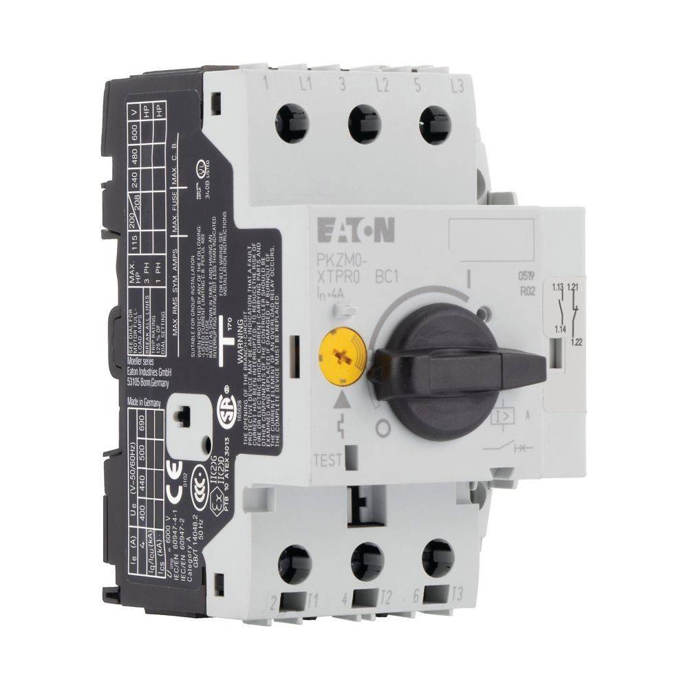 Eine Nahaufnahme eines Eaton PX-MXT-RO Drehgriff-Leistungsschalters, der Beschriftungen, Einstellungen und einen gelben Wahlschalter auf einem grauen und schwarzen Rahmen zeigt.