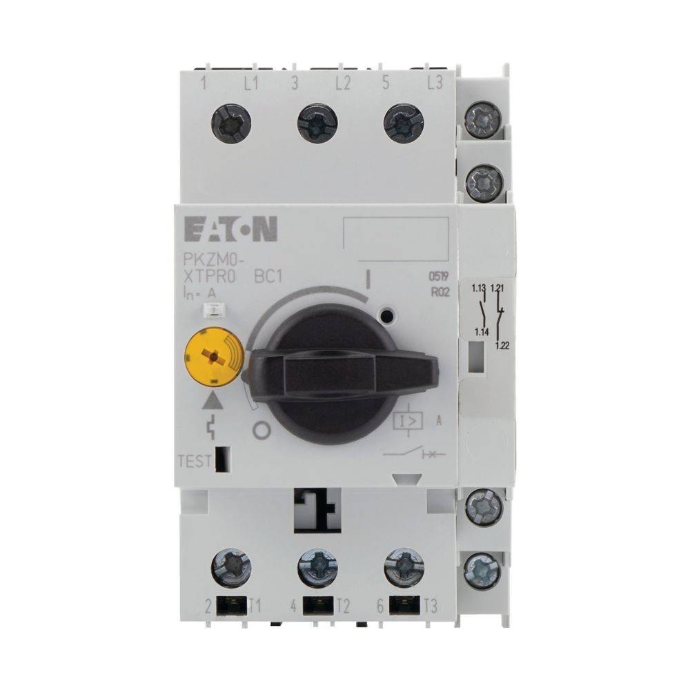 Ein Bild eines Eaton PKZM0-XTPRO BC1 Motorschutzschalters mit einem schwarzen Einstellrad und einer Prüftaste vor weißem Hintergrund.