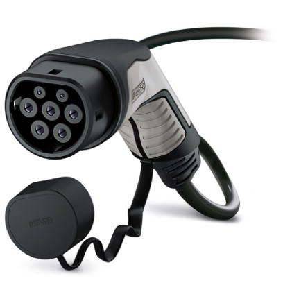 Ladekabel für Elektrofahrzeuge mit einer Schutzkappe, das mehrere Anschluss-Pins aufweist und dessen Verwendung zum Laden von Elektrofahrzeugen demonstriert wird.