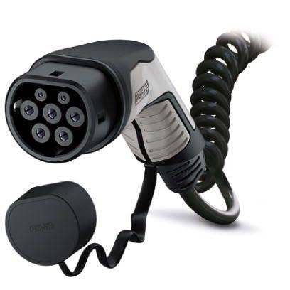 Ladekabel für Elektrofahrzeuge mit Spiraldesign und Schutzkappe, wobei der Anschluss mit mehreren Kontaktstiften gezeigt wird.