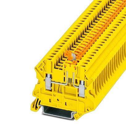 Ein gelber Klemmenblock mit mehreren Anschlusspunkten, der häufig in elektrischen Schaltkreisen zum Organisieren und sicheren Verbinden von Kabeln verwendet wird.