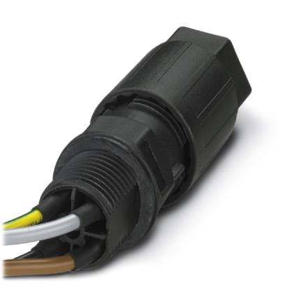 Eine schwarze Kabelverschraubung mit mehreren angeschlossenen Kabeln, die dazu dient, elektrische Kabel beim Eintritt in ein Gehäuse oder Gerät zu sichern und zu schützen.