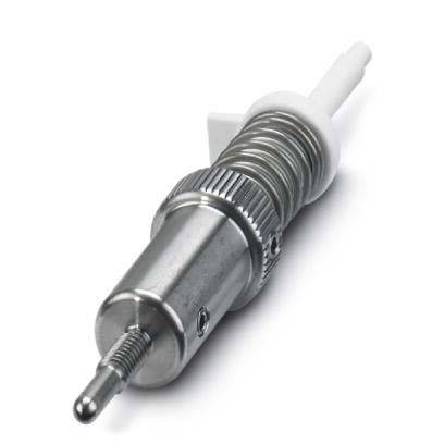 Eine Nahaufnahme einer silbernen Metalloberfläche und eines weißen Kunststoffaufsatzes oder Verbindungsstücks, das seine zylindrische Form und spiralförmige Federdesign zeigt.