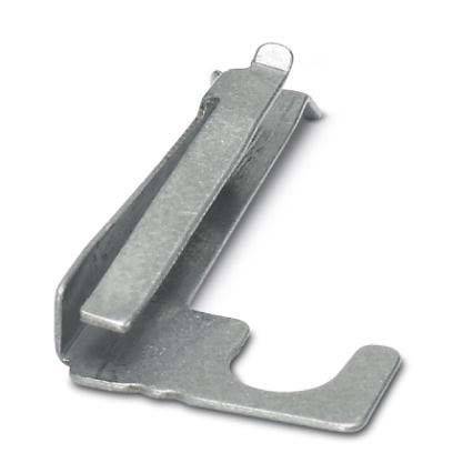 Eine Metallklammer mit einem gekrümmten, offenen Ende und einem flachen Abschnitt, die zum Befestigen von Objekten oder Kabeln zusammen verwendet wird.