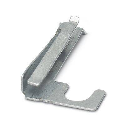 Metallischer Federclip oder Montagebügel mit hakenförmiger Basis und erhobener Lasche, dargestellt auf weißem Hintergrund.