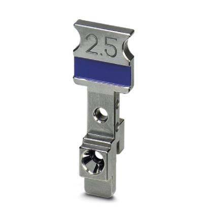 Metallische Komponente mit eingravierter '2.5', die oben einen blauen Streifen aufweist, höchstwahrscheinlich ein Verbinder oder Zubehörteil für Anschlüsse.