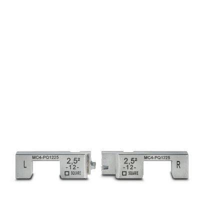 Zwei graue Metallteile, nebeneinander gezeigt, mit den Bezeichnungen L und R, jeweils markiert mit „2,5² -12-