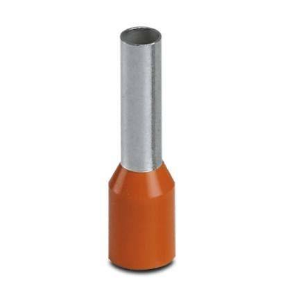 Eine orange isolierte Ferrule mit einem zylindrischen Metallende, die zum sicheren Crimpen von Drahtverbindungen in elektrischen Anwendungen verwendet wird.