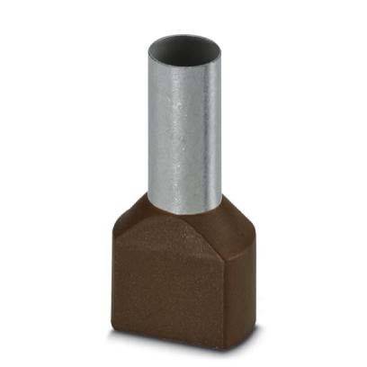 Eine Metalldraht-Ferrule mit einem zylindrischen Silberkörper und einer braunen, rechteckigen Basis, die für den elektrischen Drahtabschluss konzipiert ist.
