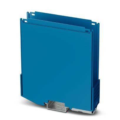 Eine blaue, rechteckige Kunststoffgehäuse mit Schlitzen und einer Montagebefestigung, die häufig zur Unterbringung von elektronischen Bauteilen oder Schaltkreisen verwendet wird.
