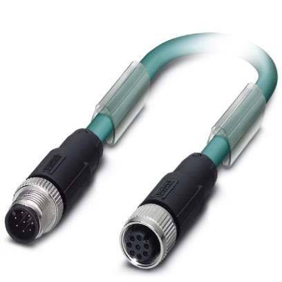 Ein grün-schwarzes industrielles Kabel mit kreisförmigen Anschlüssen an jedem Ende, das typischerweise zum sicheren Verbinden elektronischer Geräte verwendet wird.