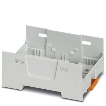 Eine weiße Kunststoff-Modulbasisplatte, entwickelt für elektronische Geräte. Sie verfügt über mehrere Schlitze und einen abnehmbaren Abschnitt mit einem orangefarbenen Hebel.