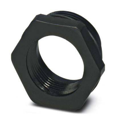 Eine schwarze Sechskant-Gegenmutter mit Innengewinde, die zur Befestigung von mechanischen Bauteilen oder Komponenten in technischen Anwendungen verwendet wird.