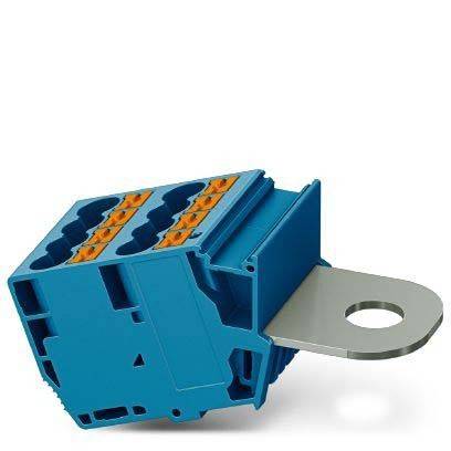 Ein blauer elektrischer Anschlussblock mit mehreren Schlitzen und einer Metallverbindungslasche, der zum Sichern von Drähten in elektrischen Schaltkreisen verwendet wird.