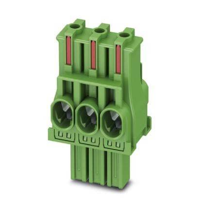 Ein grüner dreipoliger Steckbar-Anschlussblock mit vertikalen roten Markierungen, der zur sicheren und effizienten Verbindung von elektrischen Leitungen konzipiert ist.