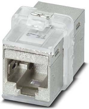 Modularer Stecker mit einer transparenten Kunststoff-Verriegelung und silberfarbenem Metallgehäuse, der für Ethernet-Verbindungen in Netzwerkkabeln verwendet wird.