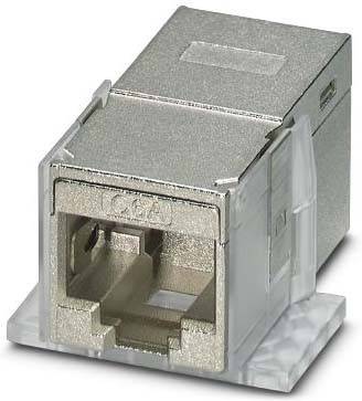Metallischer RJ45-Netzwerkkabelstecker in einem transparenten Gehäuse, von vorne betrachtet.