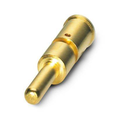 Ein vergoldeter Steckverbinder in Kugelform mit zylindrischem Aufbau, entwickelt für elektrische Verbindungen, mit einem seitlichen Loch zur Drahtsicherung.