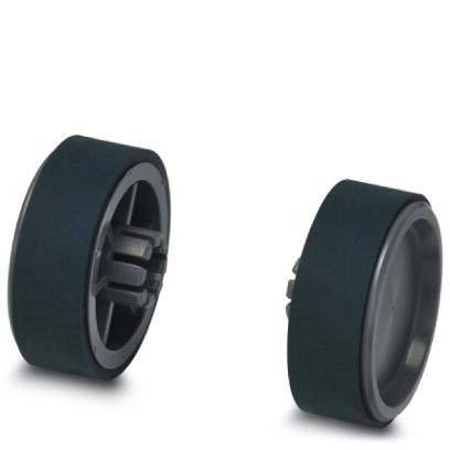 Zwei schwarze Gummireifen mit Kunststofffelge, aufrecht und nebeneinander positioniert. Geeignet für den Einsatz bei kleinen Modellfahrzeugen oder Robotern.